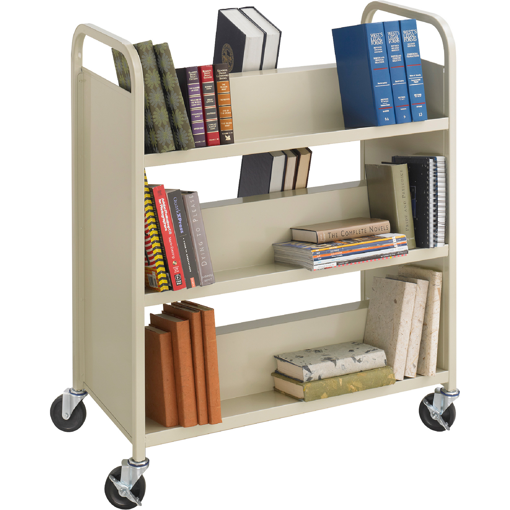 Safco Double-Sided Steel Book Cart, Sand, 36in.W x 18 1/2in.D x 43 1/2in.H, Model# 5357SA